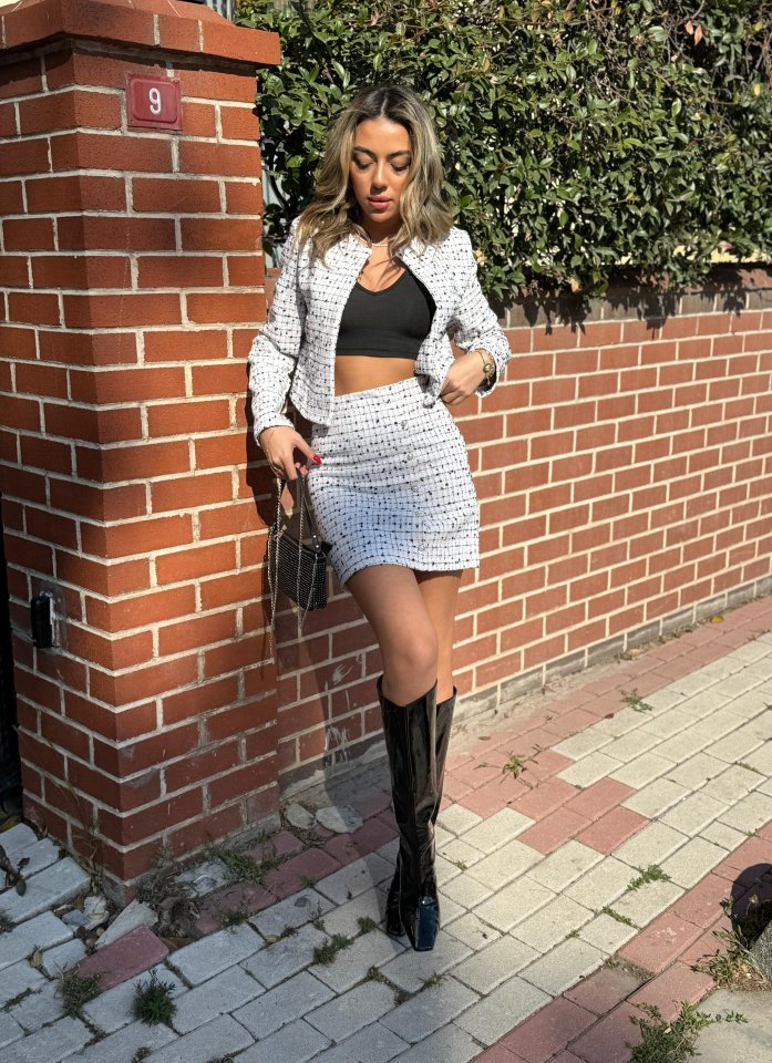 Women's Long Sleeve Open Front Button Detail Woven Jacket and Skirt Two-Piece Set