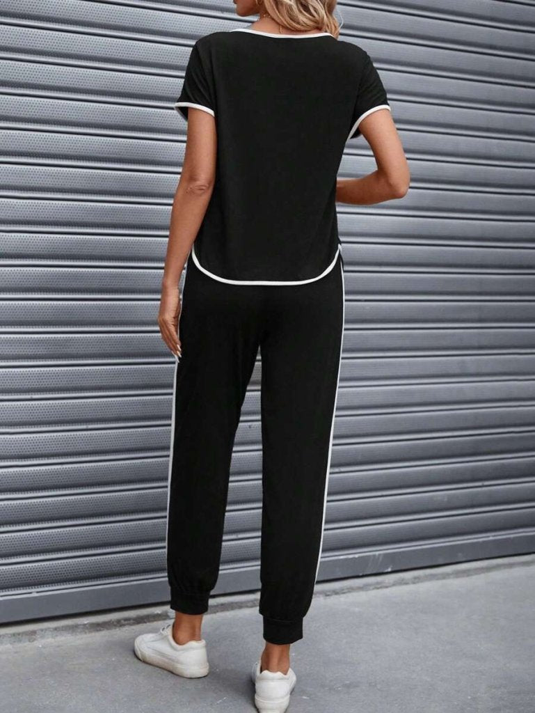 Women's Short-Sleeve Boat Neck Viscose Two-Thread Blouse and Tie-Waist Pants Two-Piece Set