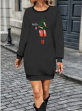 Women's Long Sleeve Crew Neck Patterned Short Viscose Double Thread Dress