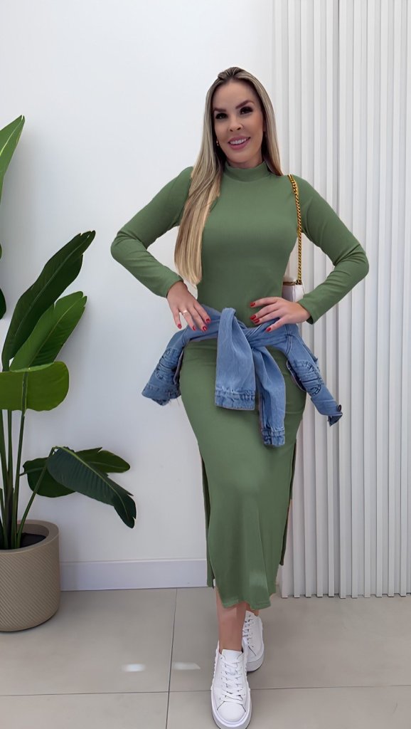Women's Long Sleeve Turtleneck Ribbed Knit Side Slit Maxi Dress