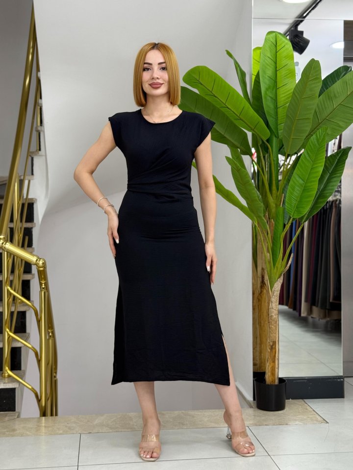 Women's Short Sleeve Round Neck Belted Front Slit Aerobin Dress