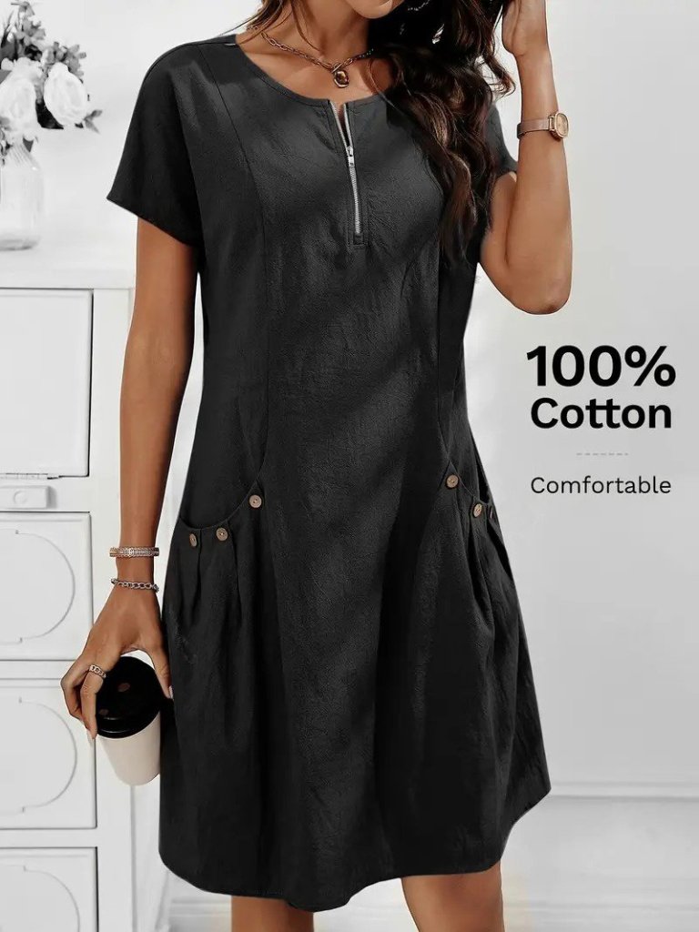 Women's Short Sleeve Open Collar Zipper Pocket Detail Imported Linen Dress