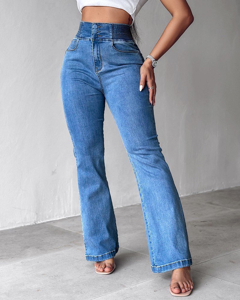 Women's High Waist Elasticated Sides Button Front Jeans