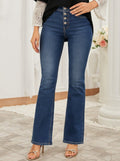Women's High Waisted Button Front Pocket Detail Flare Leg Denim Pants