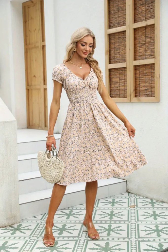 Women's Short Sleeve Wrap V-Neck Shirred Waist Floral Print Suprema Dress