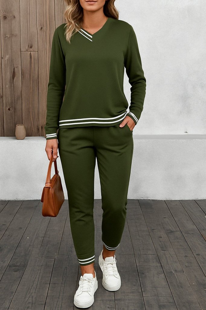 Women's Long Sleeve Ribbed Detail Viscose Double Knit Two-Piece Set