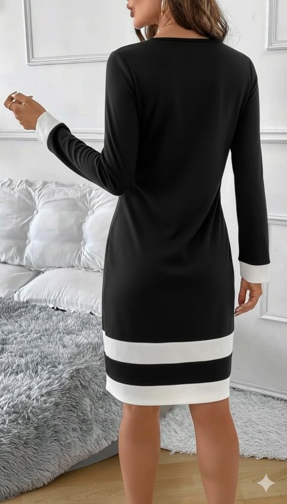 Women's Long Sleeve Crew Neck Mini Scuba Dress with Hemline Stripe Detail in Black and White