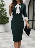 Women's Imported Crepe Midi Dress with Trumpet Sleeves and Bow Collar