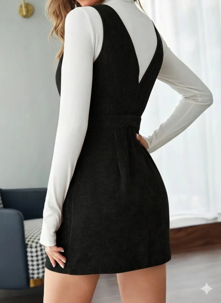 Women's Strappy V-Neck Button-Front Mini Chunky Corduroy Dress