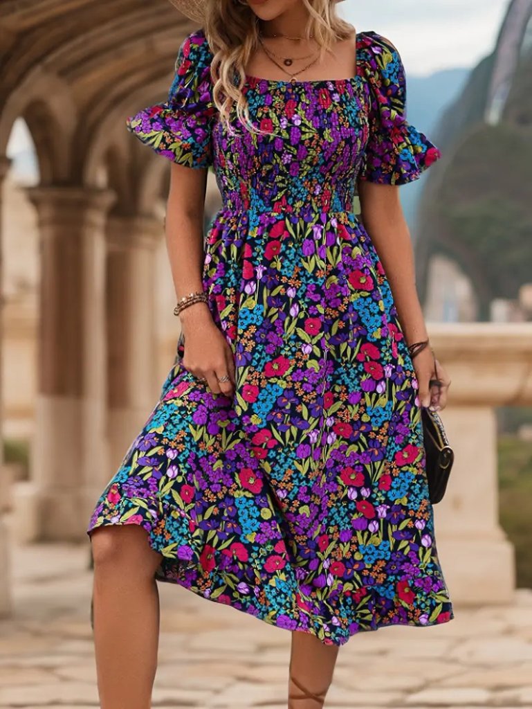 Women's Short Sleeve Square Neck Elastic Waist Floral Print Mini Supima Dress