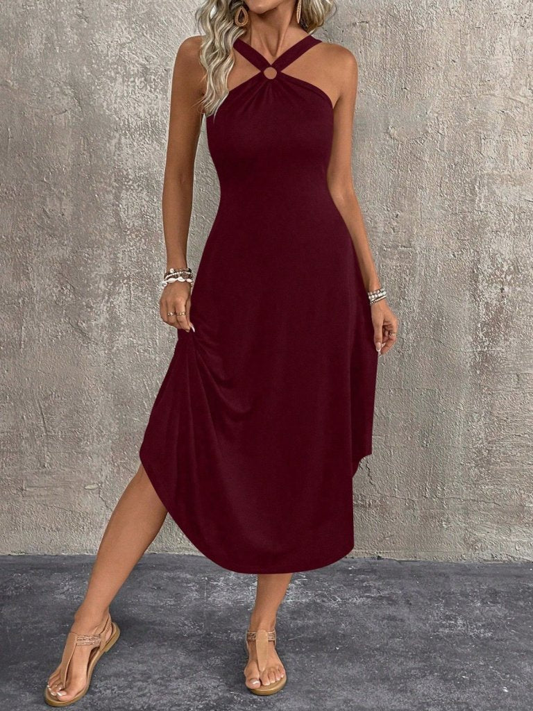 Women's Cross-Neck Ring Detail Asymmetrical Viscose Dress