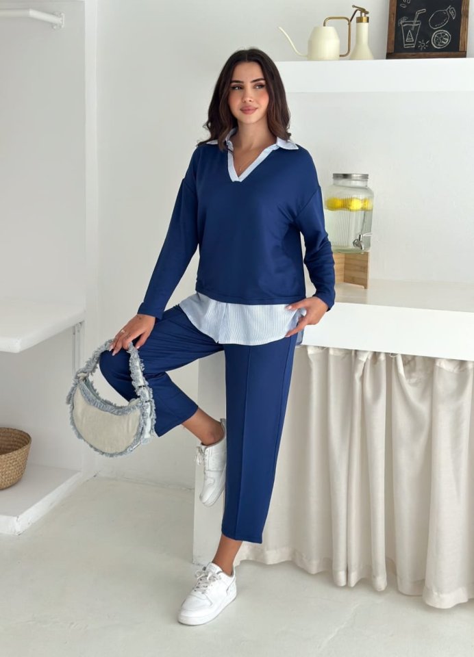 Polo Collar Shirt Detailed Loose Balloon Trousers Two-Piece Set