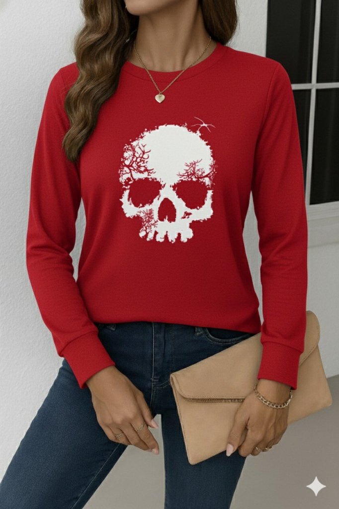 Women's Long Sleeve Crew Neck Skull Pattern Viscose Blouse