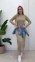 Women's Long Sleeve Turtleneck Ribbed Knit Side Slit Maxi Dress