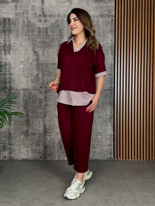 Women's Modal Fabric Striped Shirt Collar Two-Piece Set