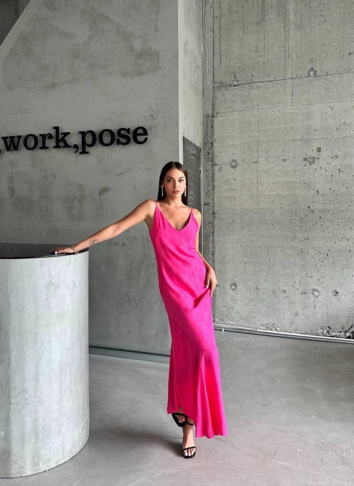 JACQUARD STRAP SATIN ASYMMETRIC DRESS - Pink