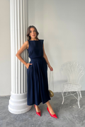 LINEN SLEEVELESS BLOUSE & MAXI SKIRT SET - Navy Blue