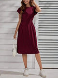 Women's Short Sleeve Crew Neck Elastic Waist Midi Viscose Dress