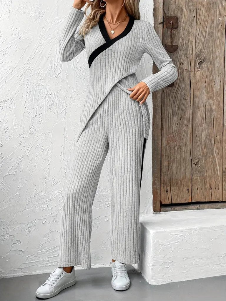 Women's Long-Sleeved V-Neck Crisscross Detail Brushed Ribbed Bralette Blouse and Pants Two-Piece Set