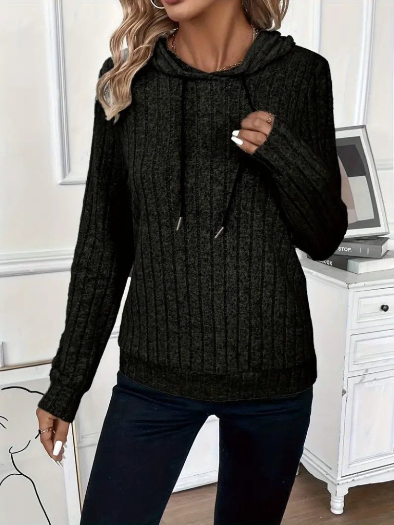 Women's Long Sleeve Hooded Lace-Up Fleece Ribbed Blouse
