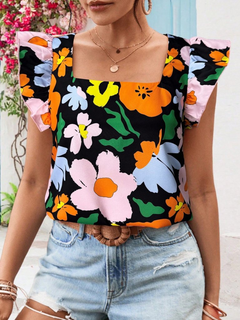 Women's Short Ruffle Sleeve Square Neck Floral Print Imported Linen Blouse