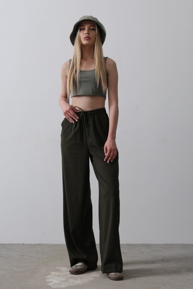 Loose Wide-Leg Trousers with Elasticated Waist - Dark Khaki