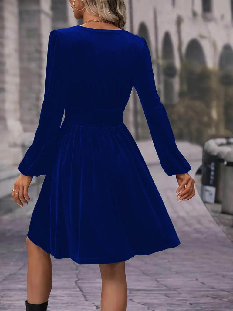 Women's Long Sleeve Wrap Neck Elastic Waist Flared Velvet Dress