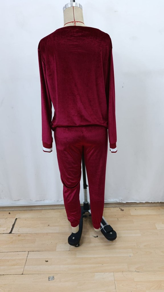 Women's Long Sleeve V-Neck Velvet Blouse and Pants Two-Piece Set
