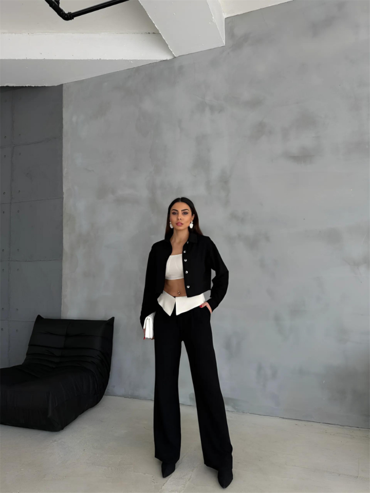 LINEN SHIRT-CROP-OVERSIZED PANTS SET - Black