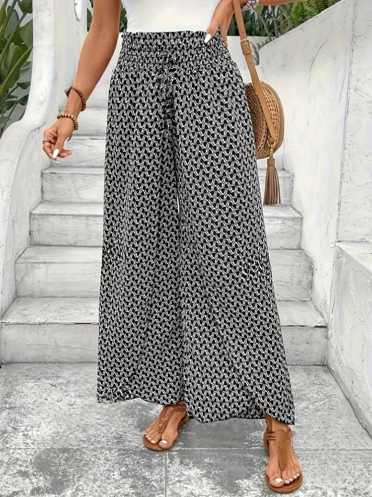 Women's High Waisted Elasticated Two-Piece Front Patterned Crepe Trousers