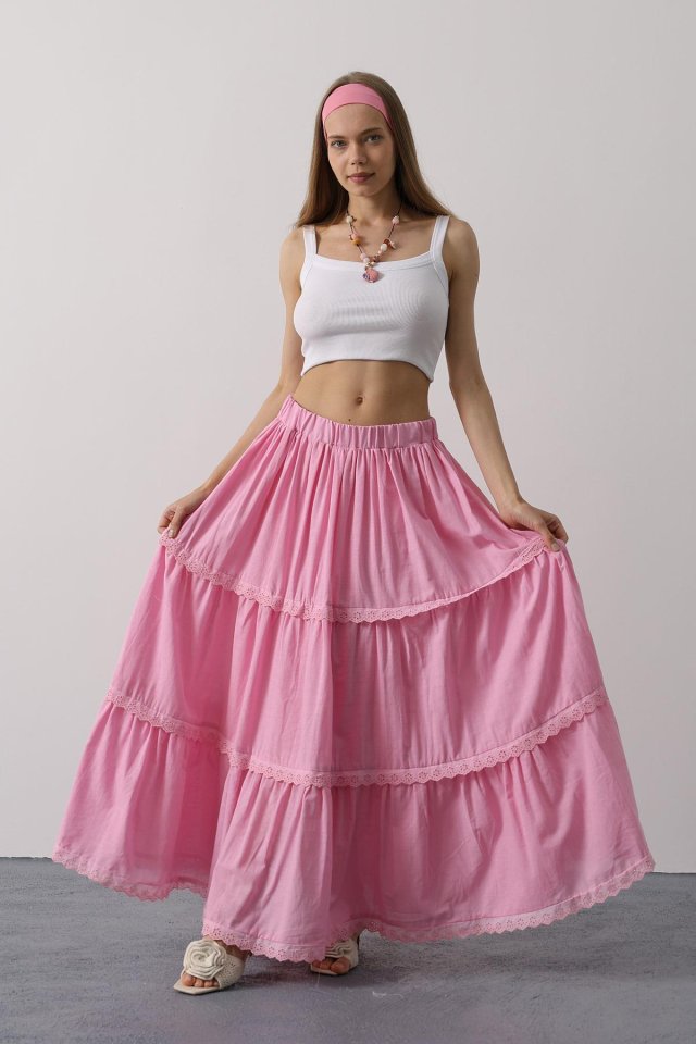 Dantel Detaylı Etek - Pembe