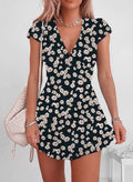 Women's Short Sleeve Wrap V-Neck Daisy Print Crepe Dress