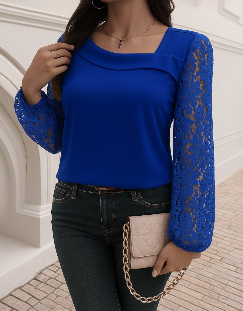 Women's Long Sleeve Asymmetric Neckline Lace Imported Crepe Blouse