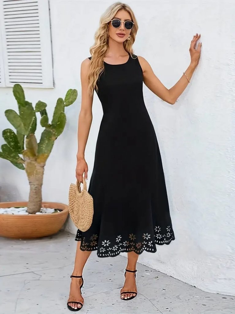 Women's Sleeveless Laser-Cut Floral Pattern Midi Shimmer Crepe Dress
