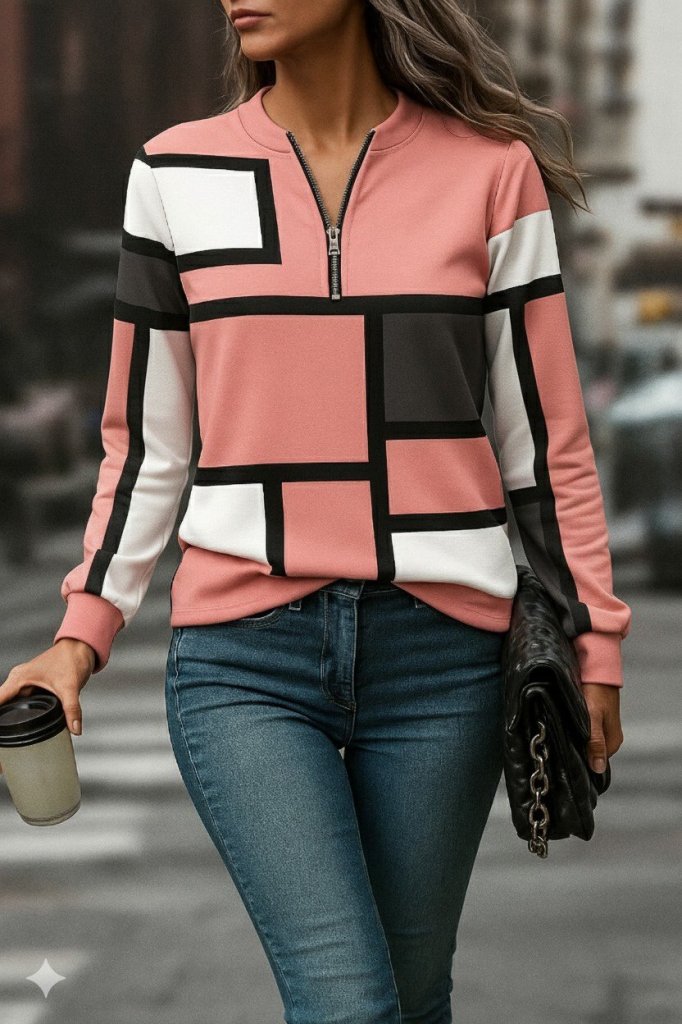 Women's Long-Sleeve Patterned Scuba Blouse with Quarter-Zip Collar