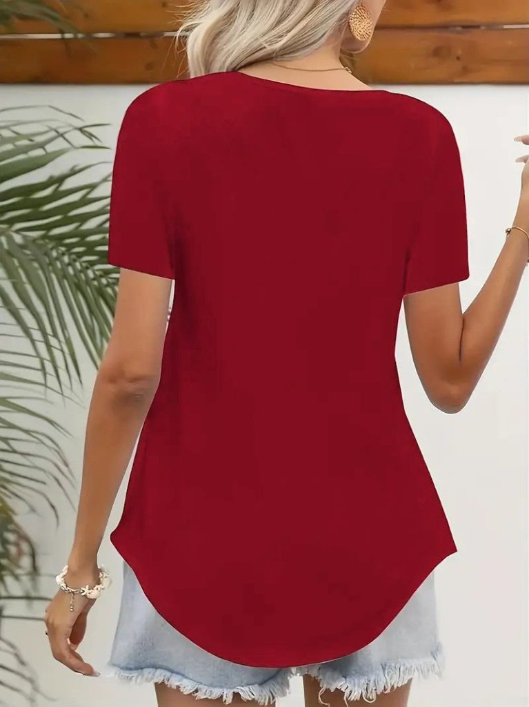 Women's Short Sleeve Square Laser Cut Collar Janjan Crepe Blouse
