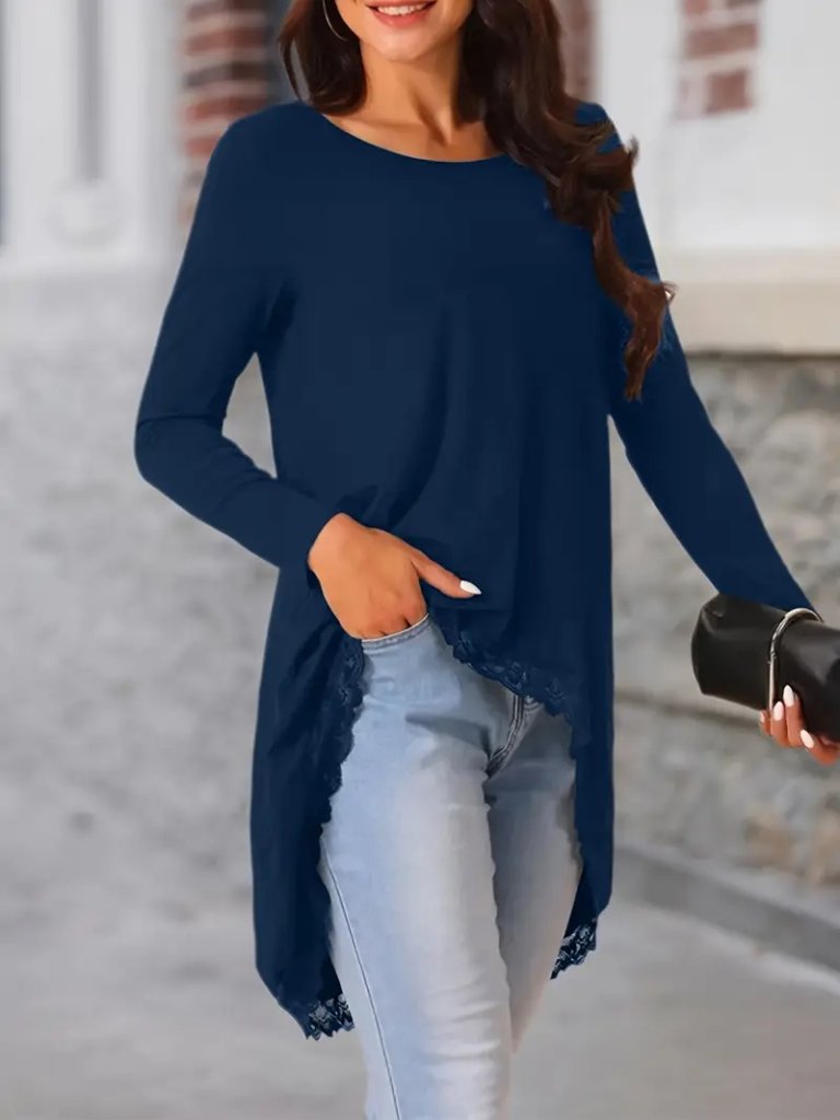 Women's Long Sleeve Crew Neck Asymmetrical Cut Detailed Lace Viscose Blouse