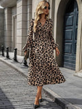 Women's Long Sleeve Wrap V-Neck Fitted Waist Midi Modal Leopard Print Dress