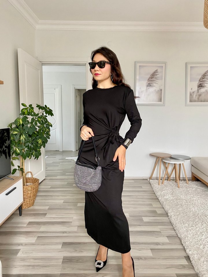 Women's Long Sleeve Crew Neck Cross-Tie Waist Side Slit Long Viscose Two-Thread Dress