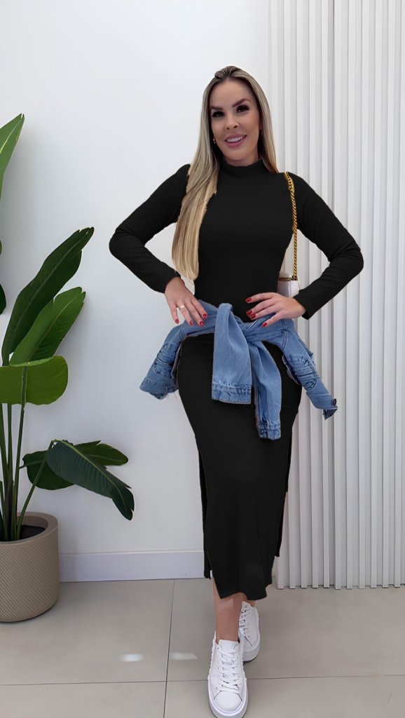 Women's Long Sleeve Turtleneck Ribbed Knit Side Slit Maxi Dress