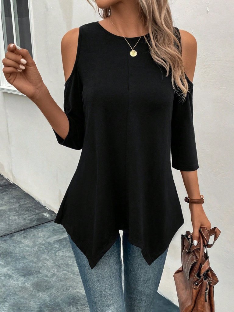 Women's Off-the-Shoulder Round Neck Asymmetric Cut Detail Viscose Blouse