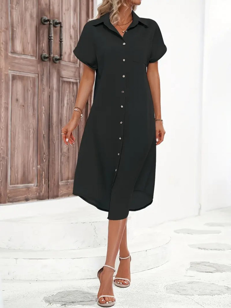 Women's Short-Sleeved Collared Button Detail Midi Woven Dress