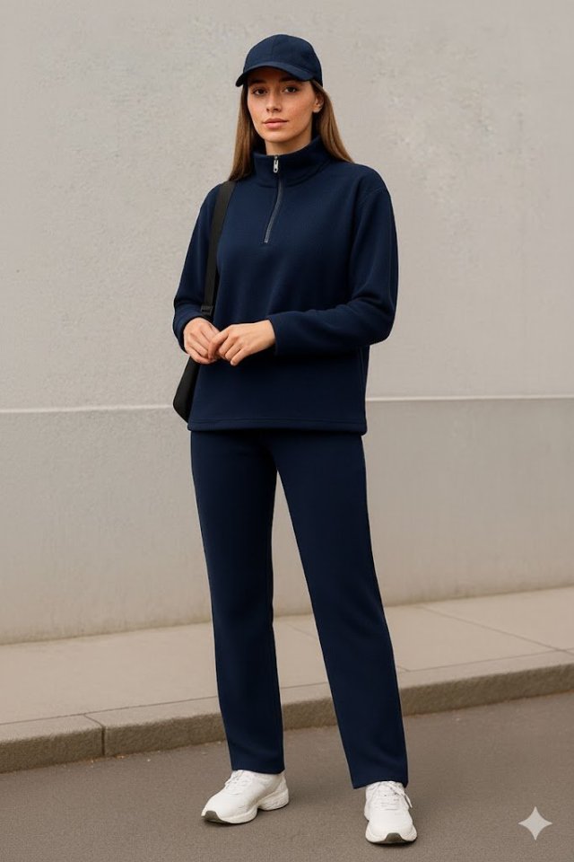 Women's Turtleneck Zipper Detail Fleece Sweatshirt and Pants Set