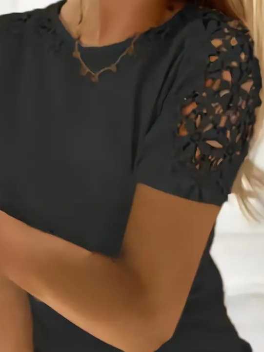 Women's Short Sleeve Crew Neck Viscose Blouse with Floral Guipure Detail on Sleeves