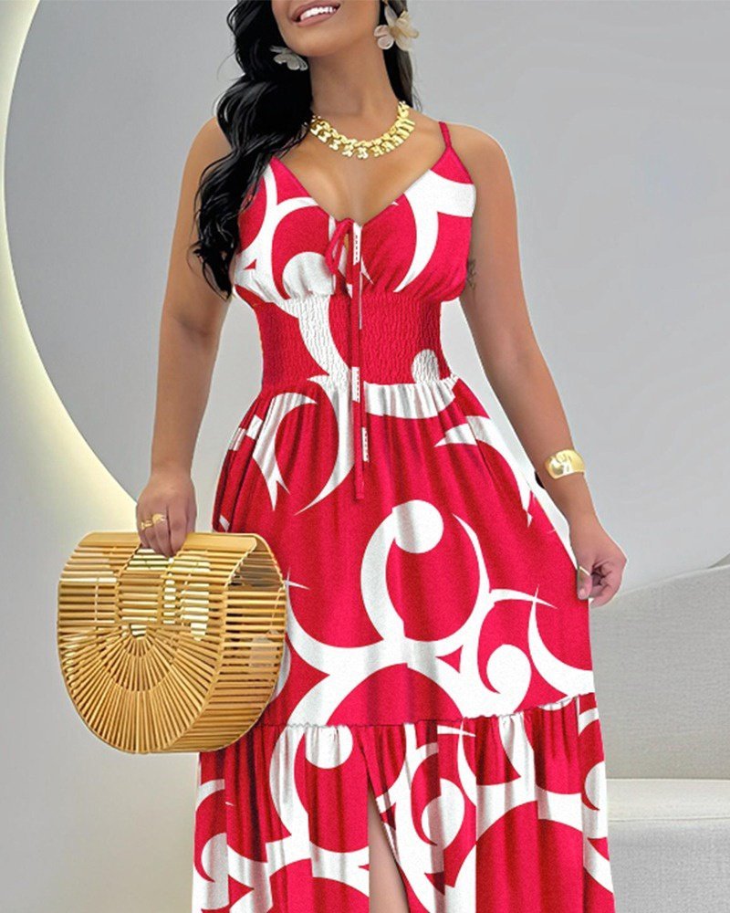 Women's Patterned Strappy Sweetheart Neck Slit Suprem Dress
