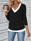 Women's Long Sleeve V-Neck Side Buttoned Wool Viscose Blouse