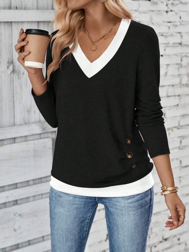 Women's Long Sleeve V-Neck Side Buttoned Wool Viscose Blouse
