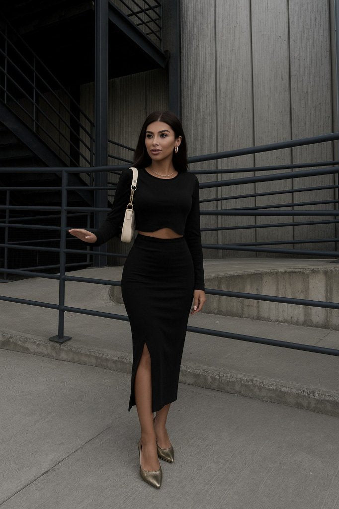 Women's Long Sleeve Crew Neck Cropped Scuba Blouse and Front Slit Long Skirt Two-Piece Set