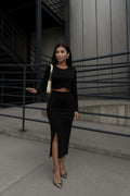 Women's Long Sleeve Crew Neck Cropped Scuba Blouse and Front Slit Long Skirt Two-Piece Set