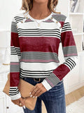 Women's Long Sleeve Crew Neck Button Detail Patterned Suprem Blouse